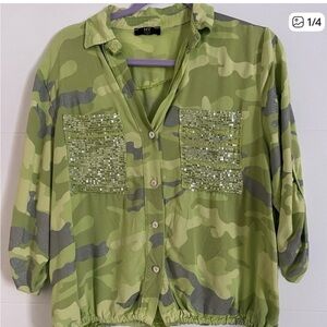 Green Camouflage Shirt with Sequin Pockets